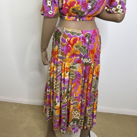 Vintage 2 Piece Skirt / Top Set Medium Large Tropical Floral Pink Resort Vibrant - Picture 11 of 13